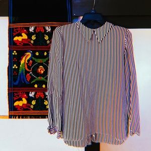 Armani Vintage Navy & White Pinstripe Silk Blouse